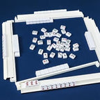Mahjong All-in-One Tile Rack & Pusher, Acrylic Mahjong Combo, Enhanced Mah Jongg Tile Holders Set of 4 with 3 Goldern Dics (Beige White)