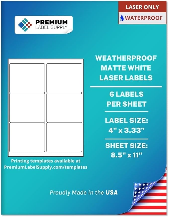 Premium Label Supply Waterproof Matte White Sticker Labels – 4" x 3.33" – Laser Printers Only – (6 per Sheet), 100 Sheets - 600 Total Adhesive Labels