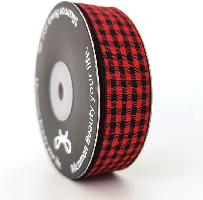 Red and Black Gingham Plaid Checked Ribbon 25 Yards Each Roll 100% Polyester (1",BlackRed)