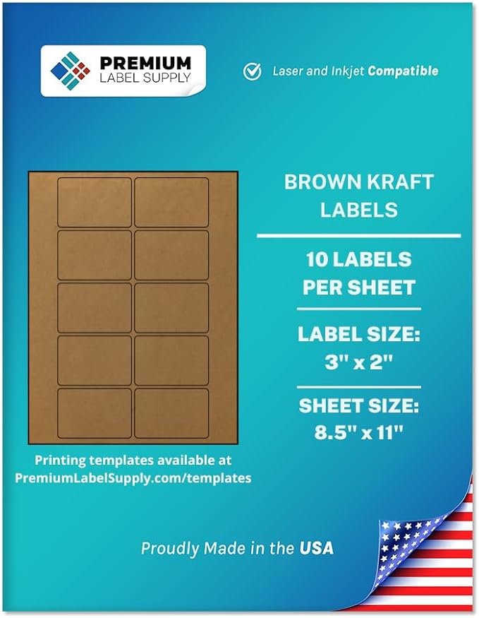 Premium Label Supply Brown Kraft Sticker Labels – 3" x 2" – Laser/Inkjet Compatible – (10 per Sheet), 25 Sheets – 250 Total Adhesive Labels