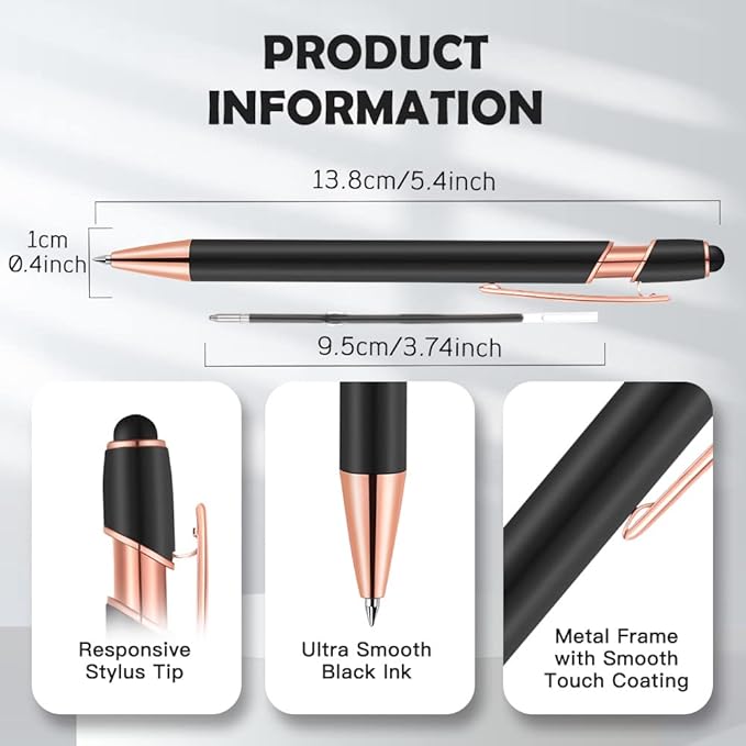 12 PCS 2 in 1 Stylus Ballpoint Pen with Stylus Tip, 1.0 mm Black Ink Metal Pen Stylus Pen for Touch Screens (Mixed Color)