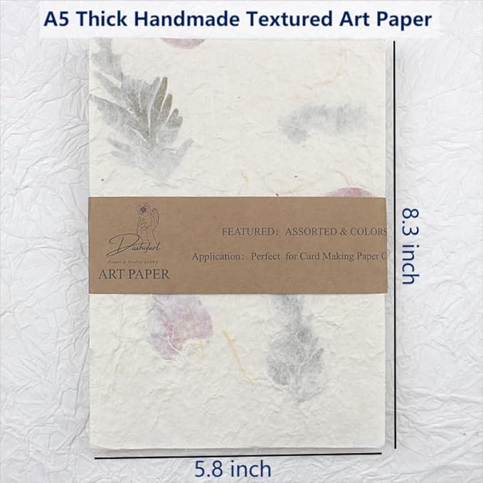 Textured Handmade Paper Sheets for Crafts, A5 Thick Rough Mulberry Recycled Scrapbook Papers for Card Making, Mixed Media, Embossed, DIY Junk Journals, Art Journaling Decorative Materials