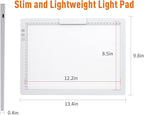 Rechargeable A4 LED Light Pad w/Built-in Riser Stands, 6 Levels of Brightness, Type-c Charging Port, Evenly Illuminated Light Box for Tracing, and Diamond Painting- (White)
