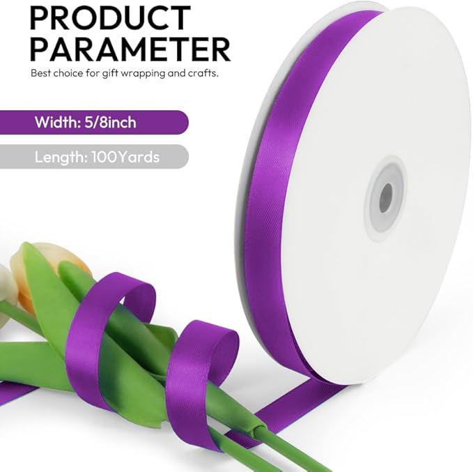 5/8 Inch 100 Yards Satin Ribbon Purple, Solid Color Fabric Ribbon for Gift Wrapping, Wedding, Polyester Gift Ribbon for Birthday Party Decoration, Craft, Hair, Floral, Sewing