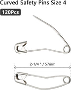 120Pcs Curved Safety Pins Size 4, 2-1/4 inch / 57mm Quilting Basting Pins, Bent Safety Pins for Quilting and Knitting (Sliver)