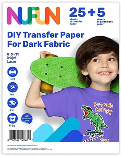 NuFun Activities Printable Iron-on Heat Transfer Paper for T Shirts, Dark Fabrics, 25 Sheets 8.5 x 11 inch, Long Lasting, Durable, Professional Quality, Easy DIY, Non-Toxic, Made in The USA