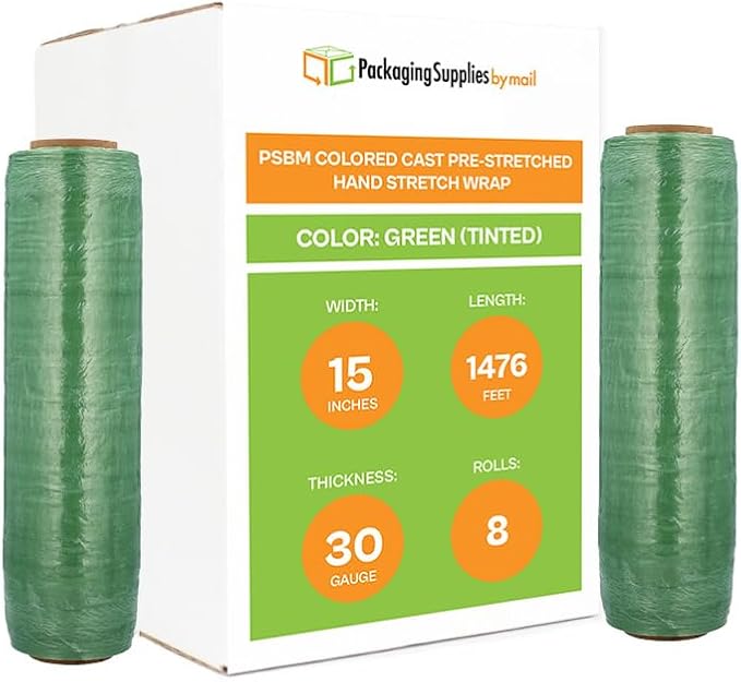 PSBM Green Stretch Wrap, 15 Inch x 1476 Feet, 8 Pack, Tinted Pre-Stretched Shrink Wrap Film for Moving, Packaging, Pallet Wrapping