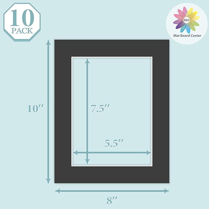MBC MAT BOARD CENTER, 10 Pack 8x10 for 6x8 Black Picture Mats Frame Mattes, Bevel Cut, Acid Free, 4-ply Thickness