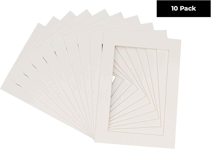 Pack of Ten Acid Free 8.5x11 Mats Bevel Cut for 7x9 Photos - Textured White Precut Matboards with Backing Boards and Self Seal Photo Mat Bags for Pictures, Photos, Framing - 4-ply Thickness