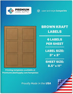 Premium Label Supply Brown Kraft Sticker Square Labels – 3" x 3" – Laser/Inkjet Compatible – (6 per Sheet), 500 Sheets – 3,000 Total Adhesive Labels