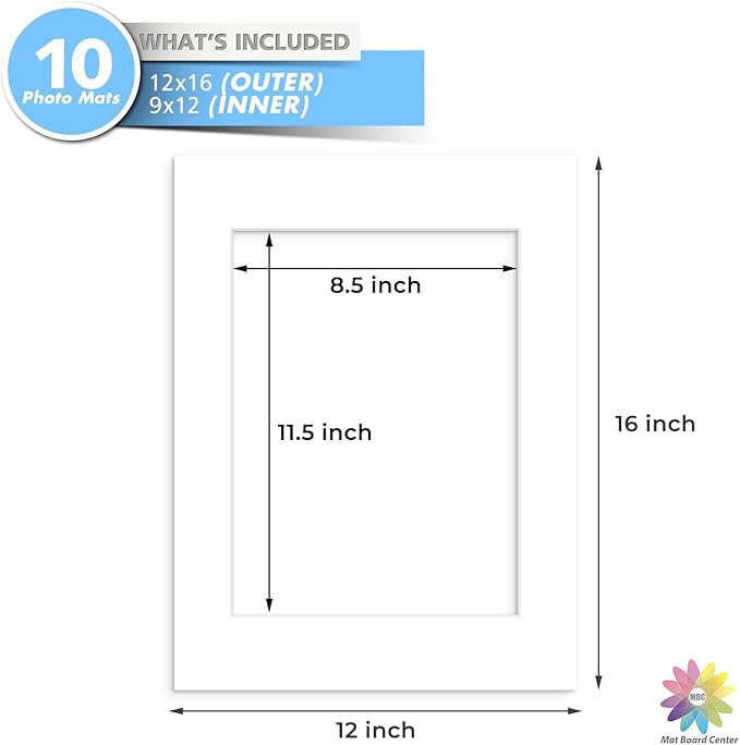 MBC MAT BOARD CENTER, 10 Pack 12x16 for 9x12 White Picture Mats Frame Mattes, Bevel Cut, Acid Free, 4-ply Thickness