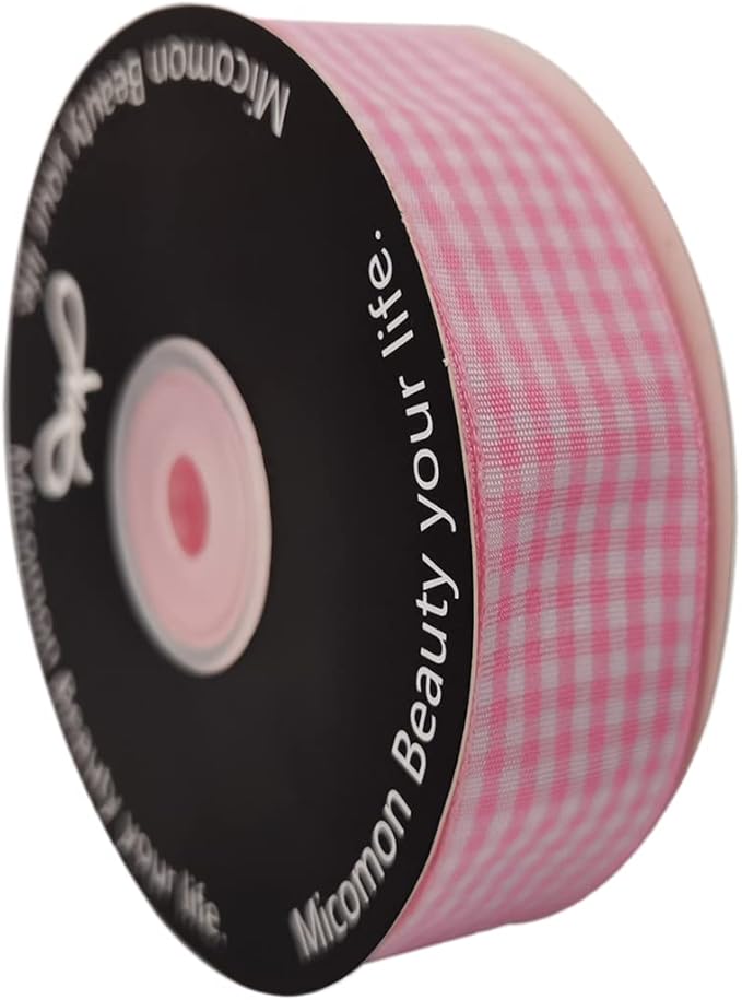 Pink and White Gingham Ribbon - 25 Yards Each Roll - 100% Polyester (1", Pink)