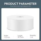 KMER LIFE 1-1/2" Wide x 50 Yards White Single Faced Polyester Satin Ribbon - Perfect for Wedding Decor, Wreaths, Crafts, Gift Wrapping & Other Projects