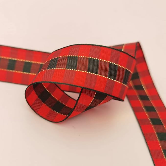 Micomon X'Mas Gingham Ribbon Green Red Metallic Gingham Ribbon 25 Yards Each Roll 100% Polyester (1",RedGreenGold)