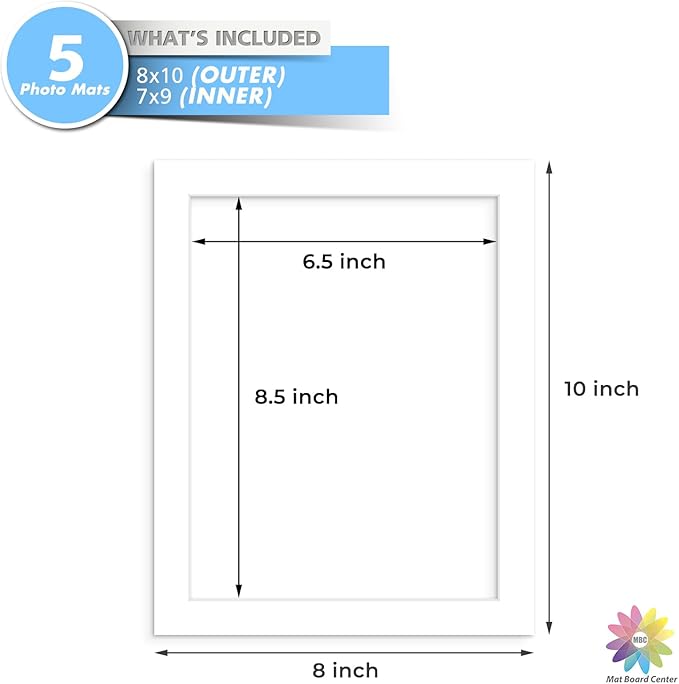 MBC Mat Board Center, 5 Pack 8x10 for 7x9 White Picture Mats Frame Mattes, Bevel Cut, Acid Free, 4-ply Thickness