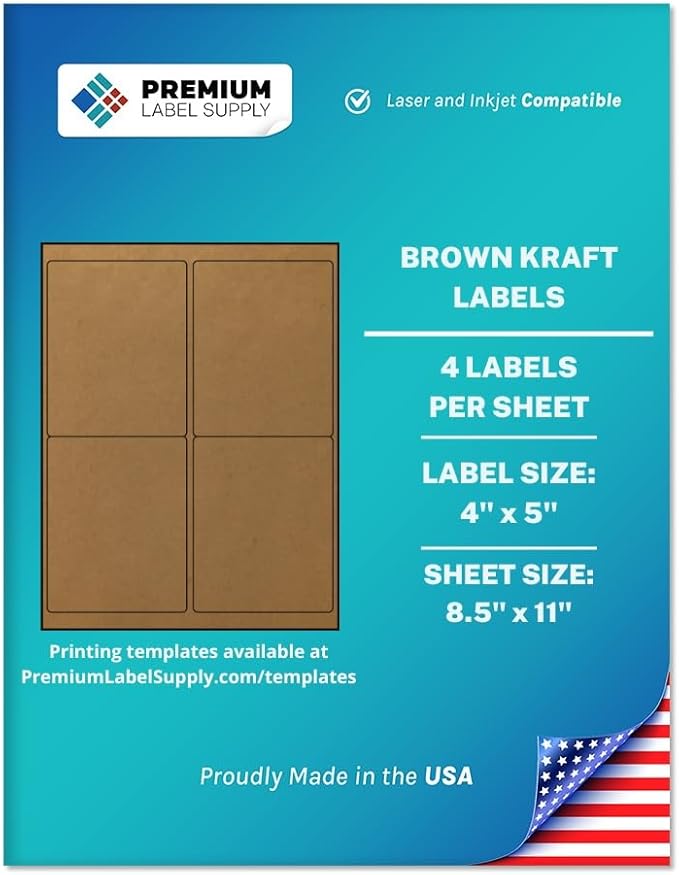 Premium Label Supply Brown Kraft Sticker Labels – 4" x 5" – Laser/Inkjet Compatible – (4 per Sheet), 1000 Sheets – 4,000 Total Adhesive Labels