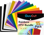QuuCut Heat Transfer Vinyl Bundle: 15 Pack 12" x 10" Sheets, Rainbow HTV, 13 Assorted Full Matte Color Iron on Vinyl for T-Shirts, Cricut & Silhouette - Easy to Cut & Weed