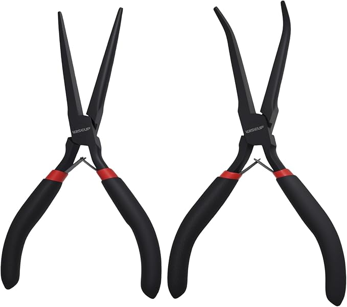 WISEUP 6" Mini Needle Nose Pliers Set，2-Piece Small Long Reach Bent Needle Nose Pliers for Jewelry DIY Craft，Repair & Wire Wrapping