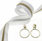 Leekayer #5 Gold Metallic Nylon Coil Zippers by The Yard Bulk 10 Yards White Zipper Tape with 25pcs Gold Ring Pull Sliders for DIY Sewing Tailor Craft Bag(White)