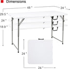 48" W x 24" D x 29.5" H - 4FT Adjustable Height Heavy Duty Plastic Fold-in-Half Foldable Table，White Portable Folding Table with Carrying Handle for Camping & Party