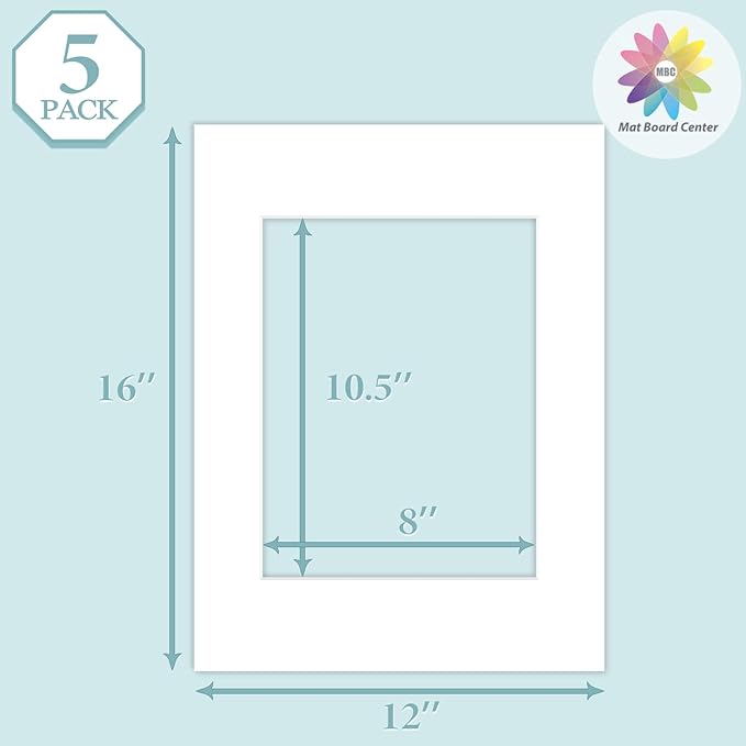 MBC Mat Board Center, 5 Pack 12x16 for 8.5x11 White Picture Mats Frame Mattes, Bevel Cut, Acid Free, 4-ply Thickness