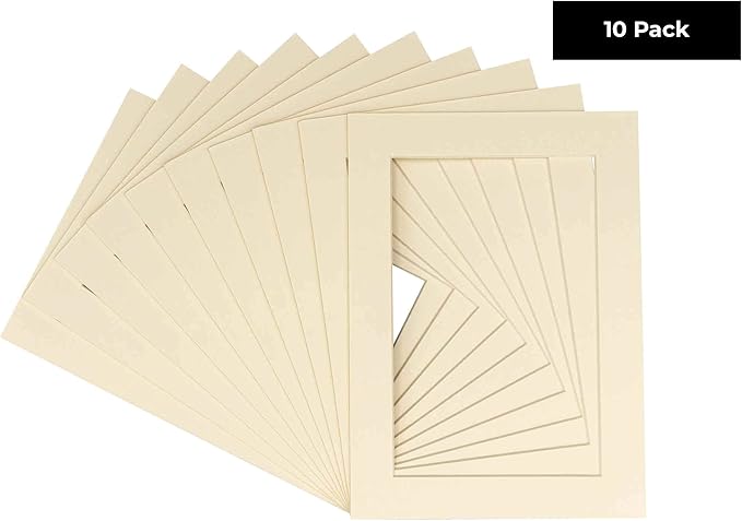 Pack of Ten Acid Free 8.5x11 Mats Bevel Cut for 7x9 Photos - Textured Cream Precut Matboards With Backing Boards and Self Seal Photo Mat Bags For Pictures, Photos, Framing - 4-ply Thickness