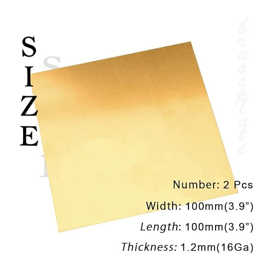 16 Gauge Brass Sheet，H62 Brass Plates Metal 0.047" Thickness x 3.9" Width x 3.9" Lenght, for Models, Crafts, Repairs, Electrical, 2Pcs