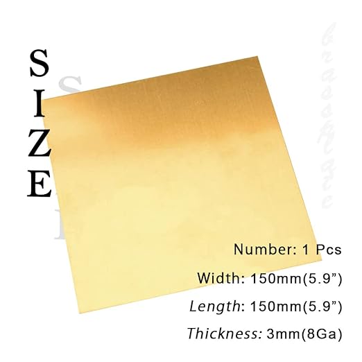 8 Gauge Brass Sheet，H62 Brass Plates Metal 0.118" Thickness x 5.9" Width x 5.9" Lenght, for Models, Crafts, Repairs, Electrical, 1Pcs