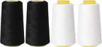 Sewing Thread Cone Set, 4 Pack Serger Thread, 3000 Yards Each, All Purpose Thread for Sewing, Quilting, Machines, Overlock, Merrow & Hand Embroidery (White2Black2)
