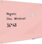 Magnetic Glass Whiteboard - Glass Dry Erase Board 48"x36" Large Frameless Glass Board for Walls Office School and Home, Pink