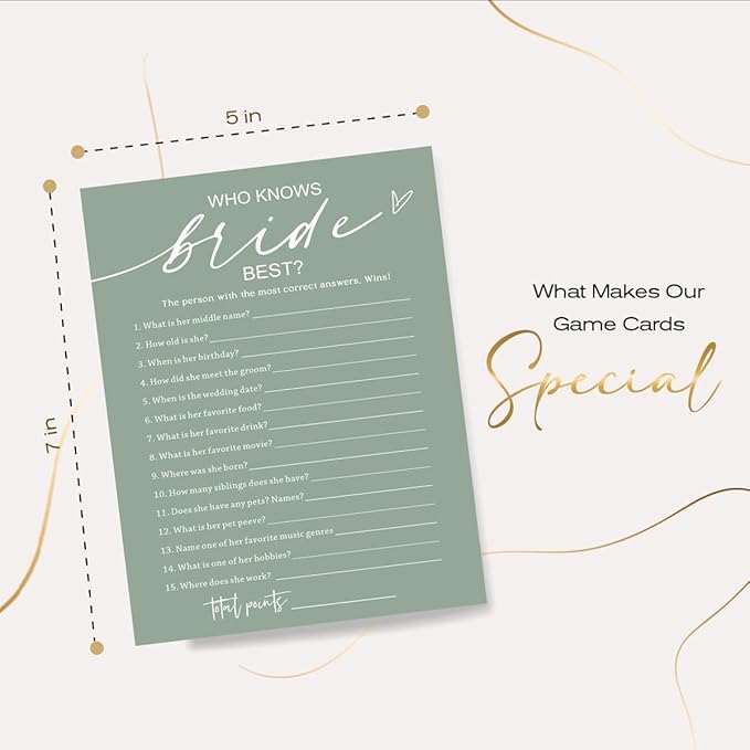 Bridal Shower Games Cards, 25 Guests, Modern, Green, Educational, Adult, Manual, English, 5 x 7 inches