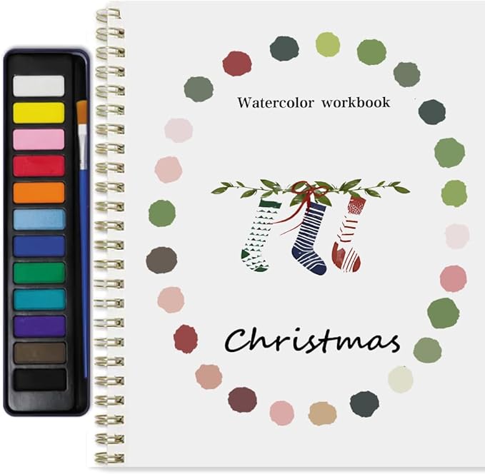 Beginner Watercolor Painting Kit Watercolor Workbook Coloring Book 12 Colors Paint Set with Brush,Easy Nature Scenes Beginner Friendly Watercolor Paint Set Gift for Adults Teens. (Christmas)