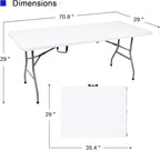 70.8" W X 29" D X 29" H - 6 ft Folding Table White Portable Heavy Duty Plastic Fold-in-Half Utility Foldable Table for Camp，Picnic & Party