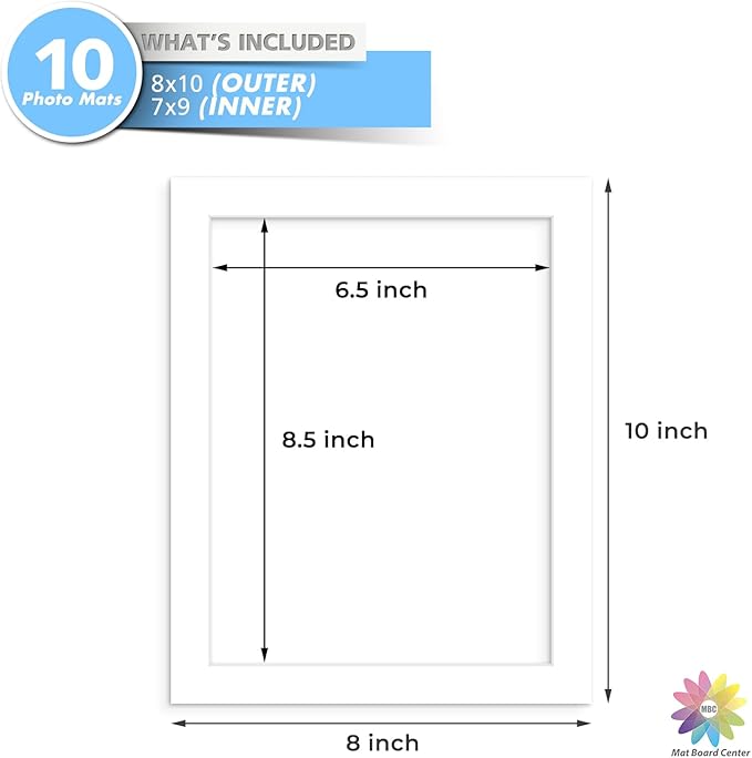 MBC Mat Board Center, 10 Pack 8x10 for 7x9 White Picture Mats Frame Mattes, Bevel Cut, Acid Free, 4-ply Thickness