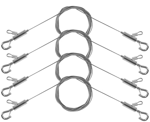 4PCS Adjustable Picture Hanging Wire 1.5m x 1.5mm Large Hooks, Picture Frame Wire Kit Heavy Duty 100lbs, Stainless Steel for Art, Mirror, Light Lamp, Billboards, Basket Flowerpot
