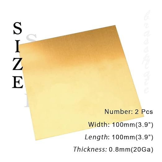 20 Gauge Brass Sheet，H62 Brass Plates Metal 0.031" Thickness x 3.9" Width x 3.9" Lenght, for Models, Crafts, Repairs, Electrical, 2Pcs
