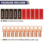 haisstronica 10pcs 3/0 AWG - 3/8"(M10) Battery Cable Lugs, Heavy Duty Copper Wire Lugs with 10pcs 3:1 Adhesive Heat Shrink Tubing, 000 Gauge Wire Lugs, Battery Terminal Connector, Battery Cable Ends