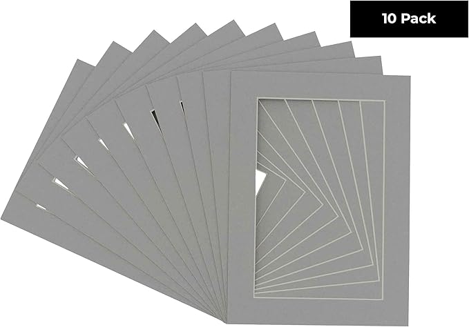 Pack of Ten 8.5x11 Mats Bevel Cut for 7x9 Photos - Acid Free Mid Grey Precut Matboards for Pictures, Photos, Framing - 4-ply Thickness