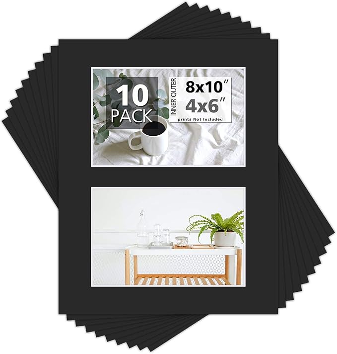 Mat Board Center, Pack of 10, Photo Picture Mats - Acid Free, 4-ply Thickness, White Core - for Pictures, Photos, Framing (8x10 for 2-4x6 Black)