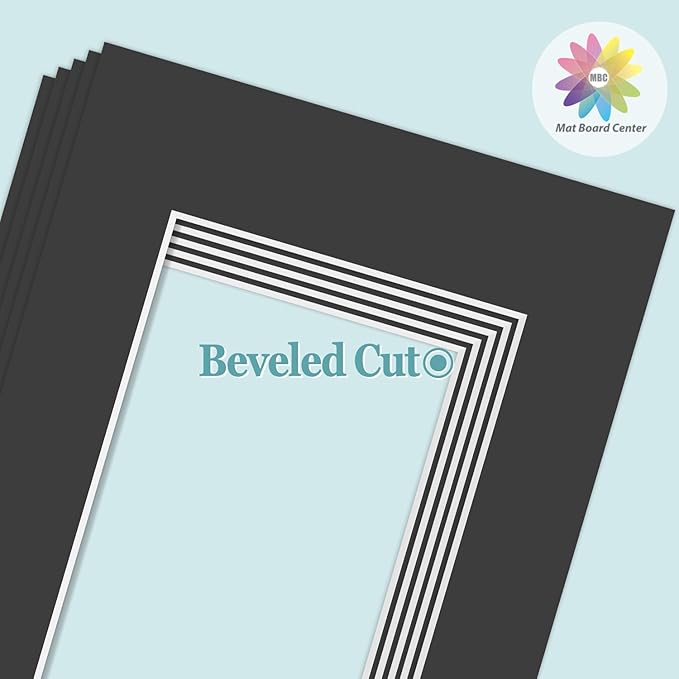 MBC Mat Board Center, 5 Pack 11X14 for 9X12 Black Picture Mats Frame Mattes, Bevel Cut, Acid Free, 4-Ply Thickness