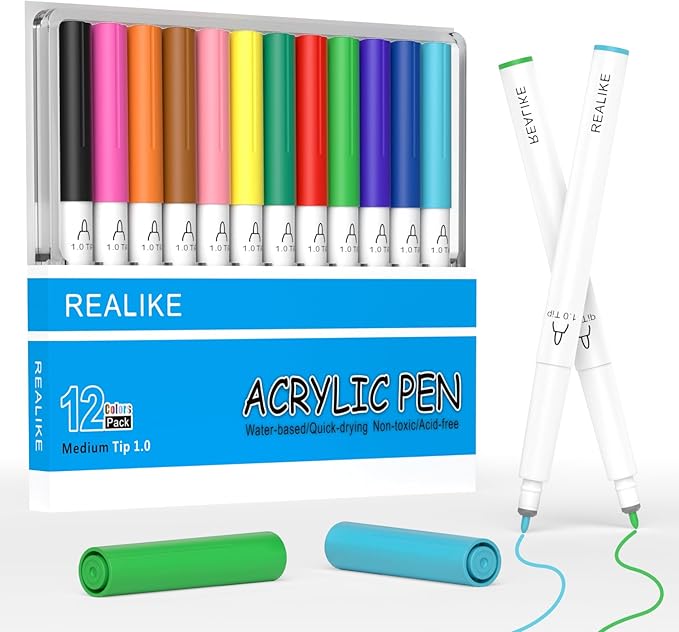 REALIKE Acrylic Paint Markers for Cricut Maker 3/Maker/Explore 3/Air 2/Air, Multicolor Acrylic Paint Pens for Rocks,Fabric, Paper, Wood, Canvas, Glass, Ceramic (1.0 Tip)