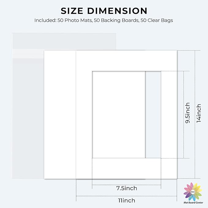 Mat Board Center, Pack of 50, 11x14 for 8x10 White Picture Mat Sets - Acid Free, 4-ply Thickness, Bevel Pre-Cut White Core - Includes Backing Boards and Clear Bags - for Pictures, Photos, Framing
