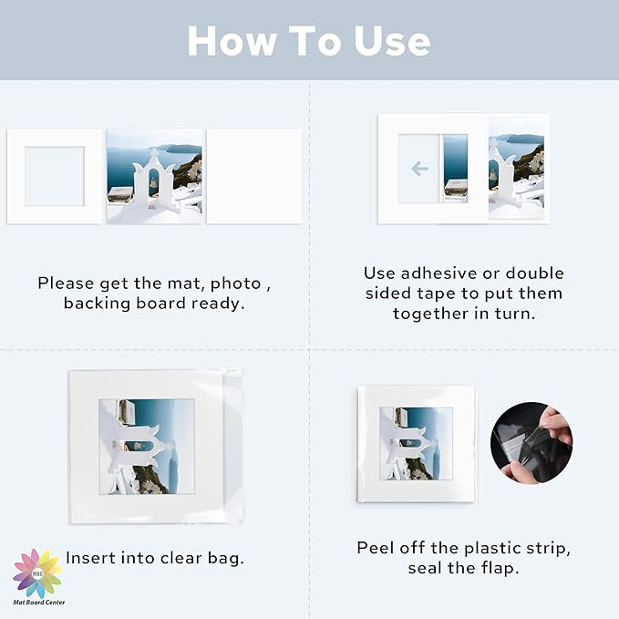 Mat Board Center, Pack of 25, 12x12 for 8x8 White Mat Kit - Acid Free, 4-ply Thickness, White Core - Includes Backing Boards and Clear Bags - for Pictures, Photos, Framing
