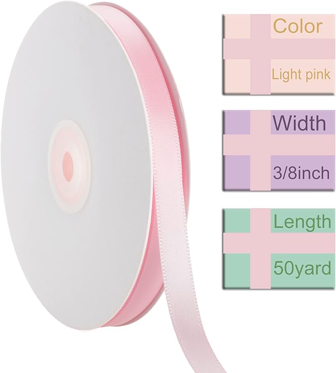 3/8 Inch Light Pink Ribbon, 50 Yards Craft Polyester Satin Ribbon Perfect for Gift Wrapping, Handmade Roses, Wedding Party Decorations and DIY Crafts
