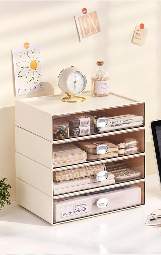 Makeup Organizer Sewing Craft Storage Box Hardware Craft Drawer Storage Cabinet Plastic Stacking Shelf Multifunctional Rack For Home Office Small Items (4, White)