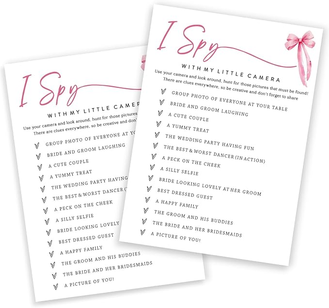 Wedding Shower Games Cards, I Spy with My Little Camera, Bridal Shower Games 25 Guests, Engagement Party Wedding Games for Guests, Pink Ribbon Bow Wedding Party Supplies - E02
