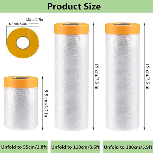 Pre-Taped Masking Film-43inx65ft Tape and Drape Painters Plastic Rolls, Plastic Painting Film for Automotive Painting Covering,Protective Drop Film for Furniture, Car, Floor (4rolls, 43in×65ft)