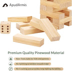 ApudArmis 60 PCS Tumble Tower, (Stack up to 5Ft) Pine Wooden Stacking Timber Game with 1 Dice Set - Classic Block Outdoor Game for Teens Adults Family