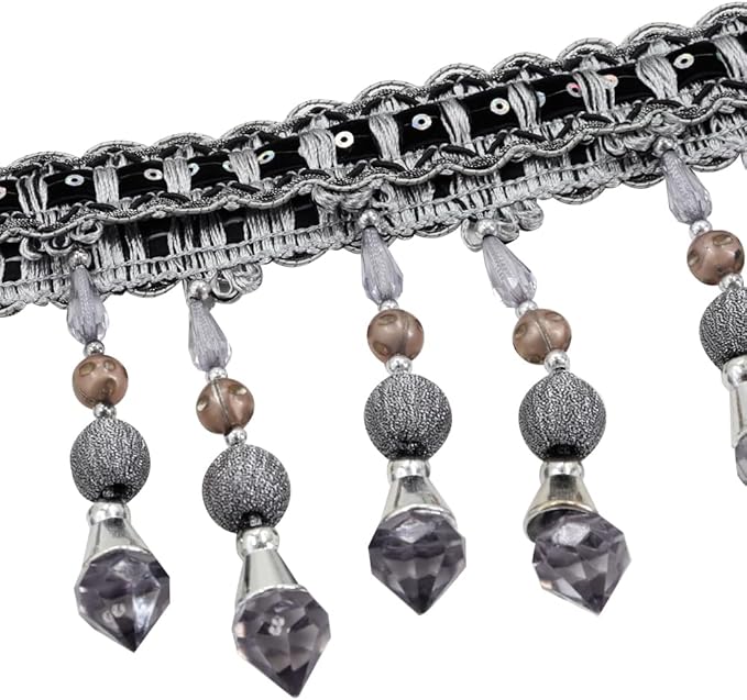 3yards Beading Fringe Trimming Long Beads Tassel Curtain Trim Ribbon Trim for Cover Edge Decorative (Gray)