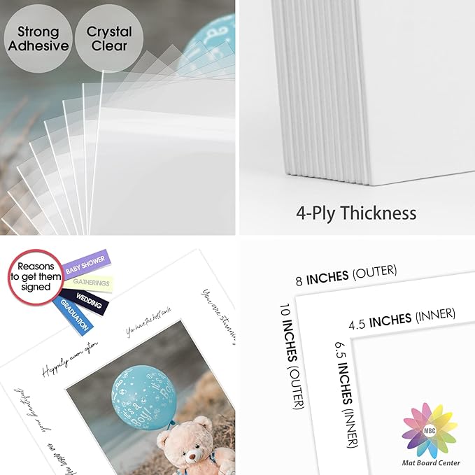 Mat Board Center, Pack of 50, 8x10 for 5x7 White Picture Mat Sets - Acid Free, 4-ply Thickness, Bevel Pre-Cut White Core - Includes Backing Boards and Clear Bags - for Pictures, Photos, Framing